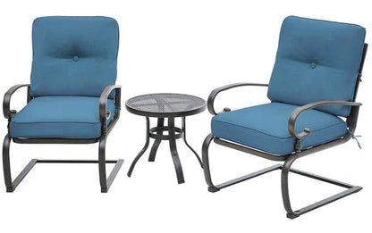 Outdoor Furniture 3Pcs Patio Bistro Set, Springs Motion Chairs and Bistro Round Table Set, Metal Small Patio Conversation Set with Cushions (Peacock Blue)