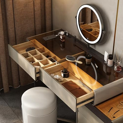 Modern Vanity Table with Drawers and LED Mirror, Ideal for Bedroom Makeup (Gray), view 7