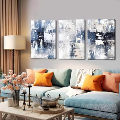 Abstract Blue and White Wall Art Set of 3, Modern Simple Navy Framed Canvas Prints Poster, Gray Painting Picture for Living Room, Bedroom, Office Wall Decor 12x16 Inch