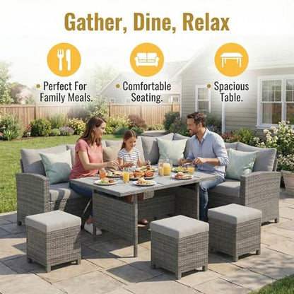 7 Piece Patio Furniture Set, High Curved Back Wicker Outdoor Dining Set, All Weather Patio Sectional, Outdoor Furniture Patio Conversation Set with Ottoman, Ash Gray