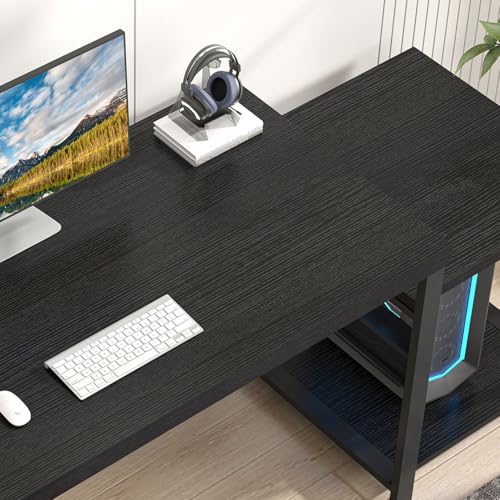 Large Home Office Desk, Black Computer Desk with Storage Shelves, Modern Wood Writing Study Gaming Table for Bedroom Living Room, 63 Inch