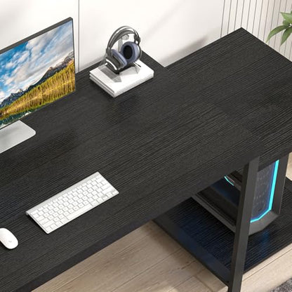 Large Home Office Desk, Black Computer Desk with Storage Shelves, Modern Wood Writing Study Gaming Table for Bedroom Living Room, 63 Inch
