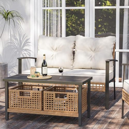 Outdoor Patio Loveseat with Coffee Table Set of 2, 2 Pieces Comfortable Oversized Wicker Furniture Conversation Set, Rattan Bistro Set for Backyard, Porch, Garden and Poolside, Beige