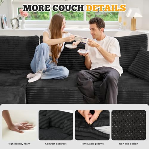 113" Modular Sectional Sofa, Convertible L-Shaped Cloud Couches for Living Room with Ottoman, 4 Seater Corduroy Boneless Couch Sofa Set, No Assembly Required, Black 1 PCS
