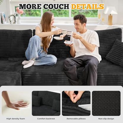 113" Modular Sectional Sofa, Convertible L-Shaped Cloud Couches for Living Room with Ottoman, 4 Seater Corduroy Boneless Couch Sofa Set, No Assembly Required, Black 1 PCS