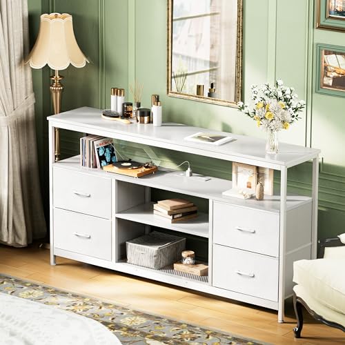 TV Stand Dresser with Power Outlets and LED Lights, 4 Drawers Entertainment Center with Shelves, 54 Inch Media Console for 55 60 Inch TV, 4 AC Outlets, 2 USBs, Dresser with PU Finish, White