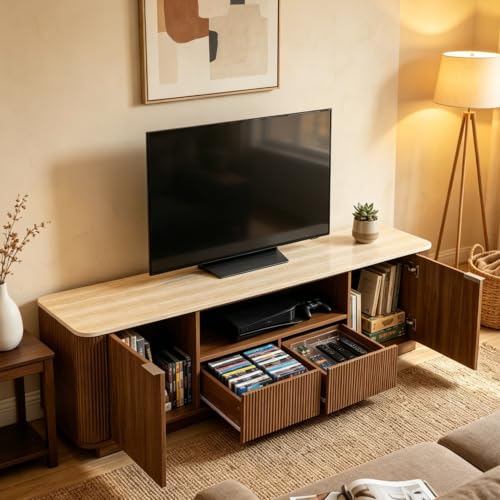 70" Mid-Century Modern Fluted TV Stand, 2 Drawer, Cabinet, Walnut, view 6