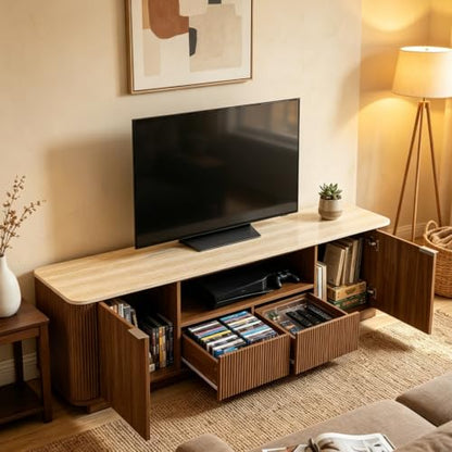 70" Mid-Century Modern Fluted TV Stand, 2 Drawer, Cabinet, Walnut, view 6