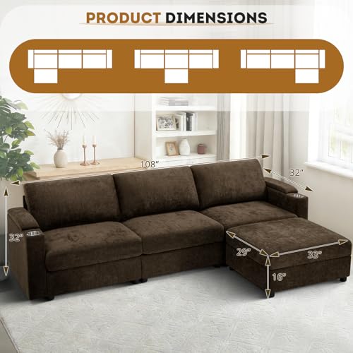 108'' Chenille Sectional Couch with Storage Armrests,L Shaped Upholstered Sofa with Movable Ottoman, 4-Seat Modular Couch with Cup Holders for Living Room, Brown