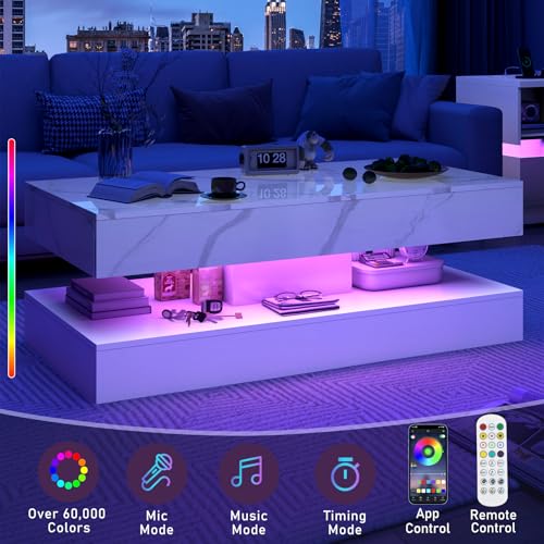 47.2" Large High-Glossy LED Coffee Table with 2 Sliding Drawers, Living Room Storage Coffee Tables with Marbling Print, Modern Stylish Double-Layer Center Tables w/LED Lights, White