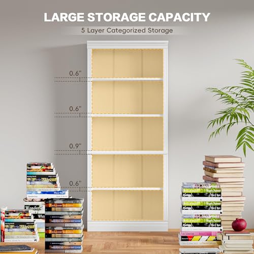 72" Bookcase and Bookshelf, 5-Tier Wood Bookcases with Shelves, Tall Floor Standing Book Shelf Storage Cabinet Home Decor Furniture for Living Room, Home Office, White, 1 PCS