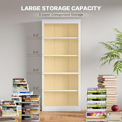 72" Bookcase and Bookshelf, 5-Tier Wood Bookcases with Shelves, Tall Floor Standing Book Shelf Storage Cabinet Home Decor Furniture for Living Room, Home Office, White, 1 PCS