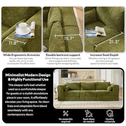 106" Chenille Folding Convertible Sleeper Sofa Bed, Green Pull Out Floor Modular Couch with Pillow, Memory Foam Boneless Couchs Sectional for Living Room Bedroom (3, Green)
