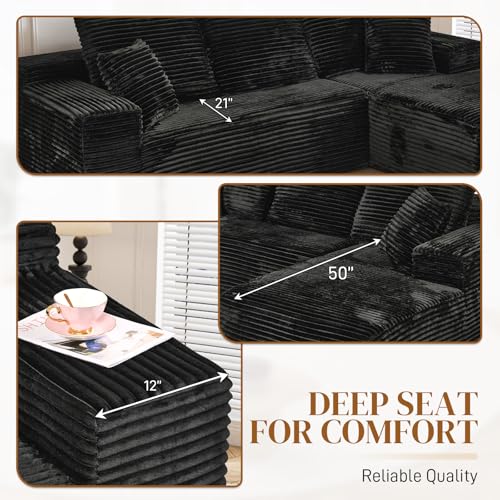 108" L Shaped Boneless Sectional Couches for Living Room, Comfy Corduroy Floor Cloud Sofa with Chaise, Wide Armrest, Deep Seat, Memory Foam, Assembly Free, Ideal for Small Spaces, Black