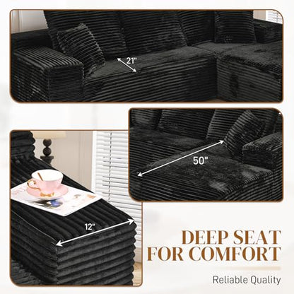 108" L Shaped Boneless Sectional Couches for Living Room, Comfy Corduroy Floor Cloud Sofa with Chaise, Wide Armrest, Deep Seat, Memory Foam, Assembly Free, Ideal for Small Spaces, Black