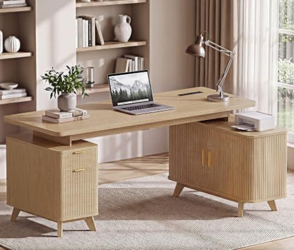 63" L Shaped Executive Desk with Drawers & Sliding Doors Fluted, view 8