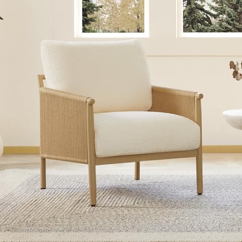 CHITA Braid Accent Chair with Wood-Like Finish Grain Metal Frame, Cream