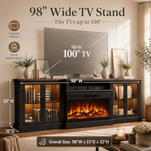 Black 98" Farmhouse TV Stand with 36" Fireplace for Living Room, view 3