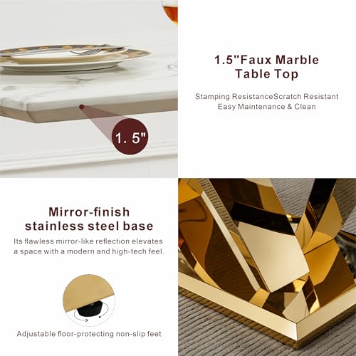 Marble Dining Table for 6 People, 70'' Rectangle Faux Marble Dining Table with Mirrored Stainless Steel Base, Large Size Marble Kitchen Table (Gold,White)(only Table)