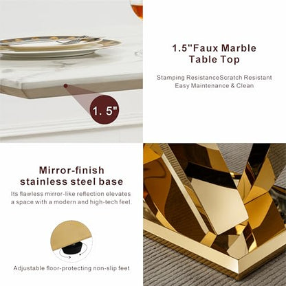 Marble Dining Table for 6 People, 70'' Rectangle Faux Marble Dining Table with Mirrored Stainless Steel Base, Large Size Marble Kitchen Table (Gold,White)(only Table)