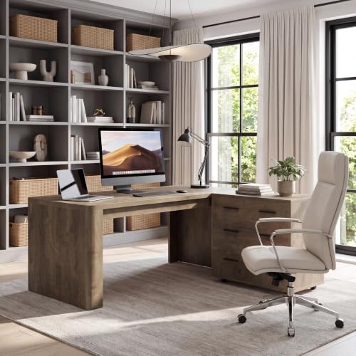 63" L-Shaped Executive Desk with File Cabinet, Brown, view 7