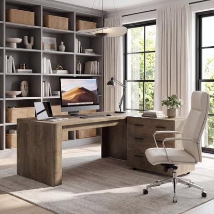 63" L-Shaped Executive Desk with File Cabinet, Brown, view 7