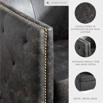 Signature Design by Ashley Brentlow Tufted Barrel Accent Swivel Chair, Distressed Black