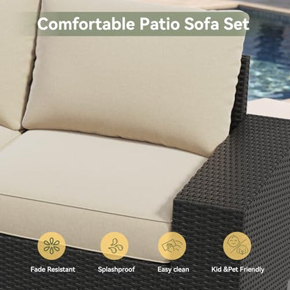 10-Piece Patio Furniture Set with 44” Fire Pit Table, Widen Armrests Wicker Rattan Outdoor Sectional Sofa with Swivel Chairs, Outdoor Patio Furniture Set with Thick Cushions & Ottoman, Beige