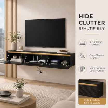 69" Fluted Floating TV Stand Wall Mounted with LED & Power Outlets Black, view 8