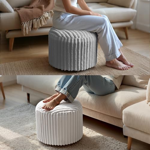 Round Stuffed Pouf Ottoman, Stripe Faux Fur Footrest, Solid Block Support+Soft Cushion Comfort, Removable Washable Cover, 20" Floor Pouf for Living Room Bedroom Dorm Vanity, Cream Beige