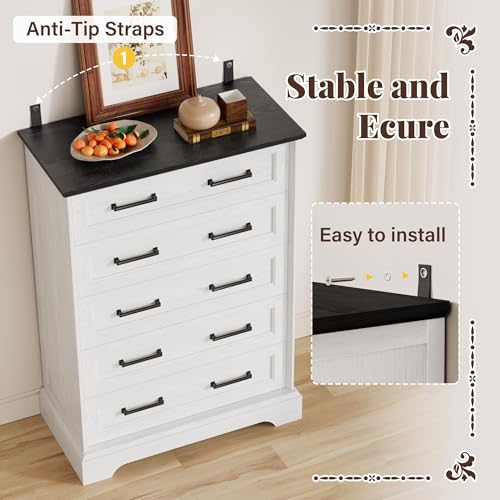 Farmhouse Dresser for Bedroom, 5 Drawers Dresser, White & Black, view 5