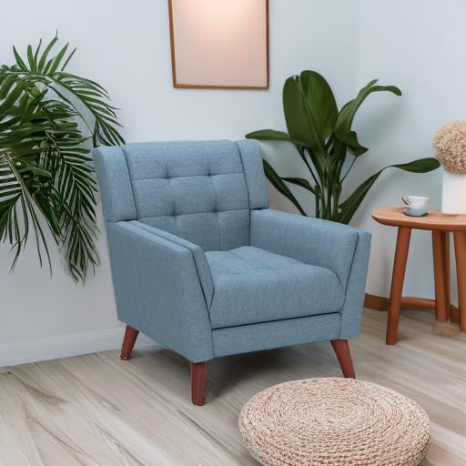 Alisa Mid Century Modern Fabric Arm Chair, Blue and Walnut