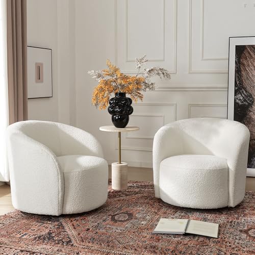 34" W Swivel Barrel Chair Set of 2, Mid Century Modern Round Upholstered Boucle Swivel Accent Chairs, No Assembly Sofa Chair for Living Room Bedroom Reading, Cream