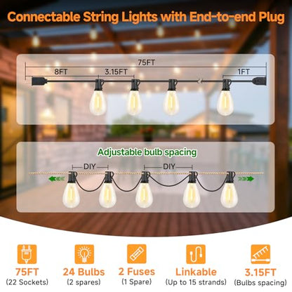 75FT LED Outdoor String Lights S11 Dimmable Patio Light, with 22+2 Waterproof Shatterproof Edison 2700K Bulbs for Outside Backyard Deck, Black