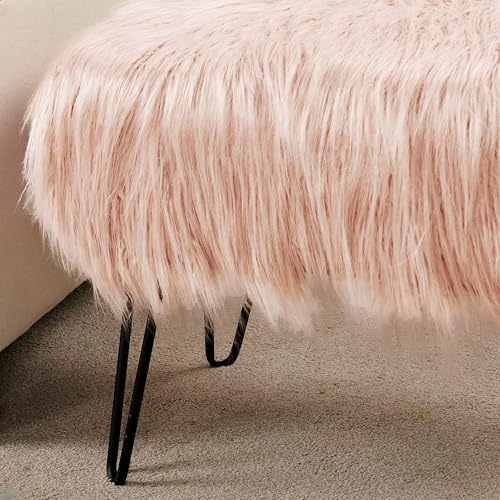 Pink Mongolian Faux Fur Ottoman, Rose, 19'' x 13'' x 17'', Cozy Plush Fluffy Ottoman Foot Rest Stool for Living Room Bedroom Entryway Makeup Bench End of Bed Home Décor
