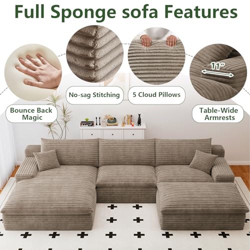 107" Cloud Couch Modular Sectional Sofa for Living Room,U-Shape Boneless Sectional Couch with Deep Seat,Modern Corduroy 3-Seater with Ottoman,Couch in a Box No Assembly(Camel,Left-Facing Chaise)