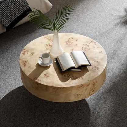 Coffee Table Round Wood 31.49" W X 13.77''h for Living Room Small Short Modern Coffee Tables Natural Burl Circle Drum Tea Center Cocktail Fluted Handcraft Home Furniture for Apartment Easy Assembly