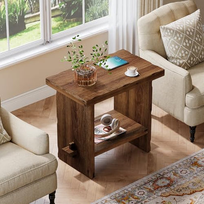 Solid Wood Side Table, Wooden End Table with Solid Base, Accent Furniture Bedside Storage for Living Room and Bedroom (2, Brown)