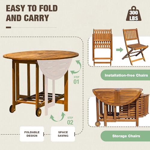 5 PCS Patio Furniture, Patio Dining Set Acacia Wood Outdoor Table and Chairs, with 4 Folding Chairs and 37" Round Movable Table, Outdoor Dining Set for Lawn, Balcony, Garden (Light Brown)