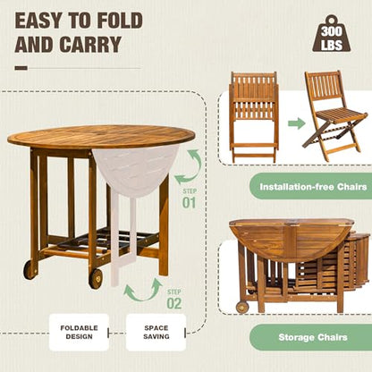 5 PCS Patio Furniture, Patio Dining Set Acacia Wood Outdoor Table and Chairs, with 4 Folding Chairs and 37" Round Movable Table, Outdoor Dining Set for Lawn, Balcony, Garden (Light Brown)