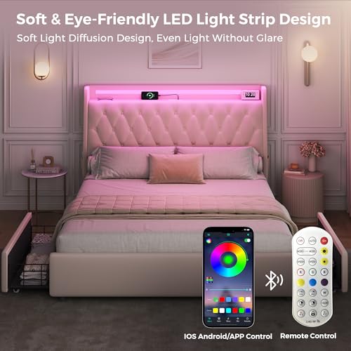 Queen LED Velvet Bed Frame with 2 Storage Drawers&Hidden Headboard, view 7