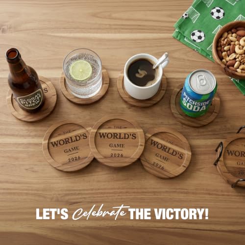 Acacia Wood Coasters Set of 6 with Metal Holder, Laser Engraved The World's Game 2026 Design, Absorbent Wooden Drink Coasters, 3.9" Round, Housewarming Gift