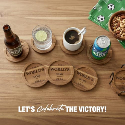 Acacia Wood Coasters Set of 6 with Metal Holder, Laser Engraved The World's Game 2026 Design, Absorbent Wooden Drink Coasters, 3.9" Round, Housewarming Gift