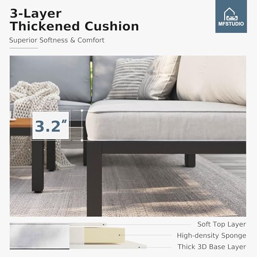 4 Pieces Outdoor Sectional with Cushion, Metal L-Shaped Outdoor Patio Furniture Set with Side Table, Modular Patio Conversation Set, Modern Backyard Furniture for Deck,Garden