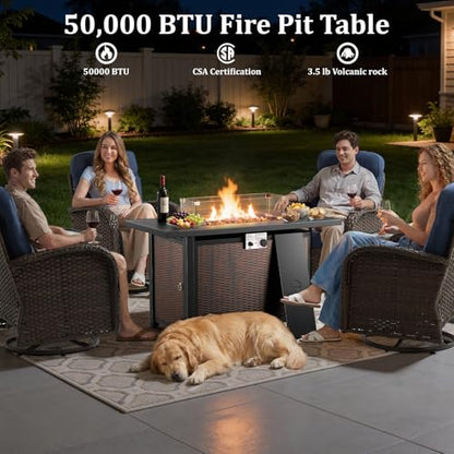 Outdoor Swivel Rocking Chair Patio Set (8pcs) High-Back - Thick Cushion Swivel Rocking Chair Patio with Fire Table Set, All-Weather Wicker Patio Furniture Set, Suitable for Balcony Patios, Brown/Gery