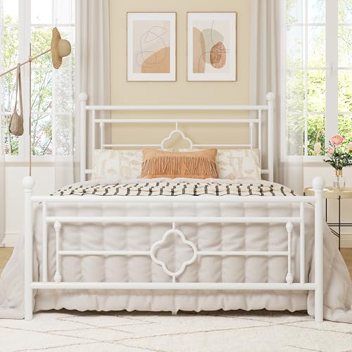 Full Size Metal Platform Bed Frame, Victorian Headboard, White, view 2