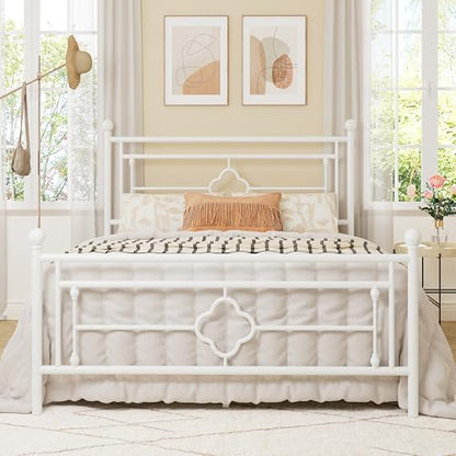 Full Size Metal Platform Bed Frame, Victorian Headboard, White, view 2