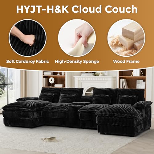 124" U Shaped Cloud Couch Sectional, Comfy Fluffy Plush Corduroy Black Sectional Couches for Living Room, Modern Modular Corduroy Couch Sectionals with Central Console & Double Chaise Lounge