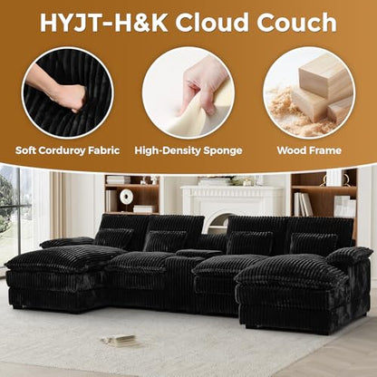 124" U Shaped Cloud Couch Sectional, Comfy Fluffy Plush Corduroy Black Sectional Couches for Living Room, Modern Modular Corduroy Couch Sectionals with Central Console & Double Chaise Lounge