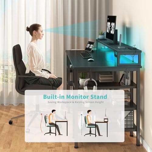 Gaming Desk with LED Lights and Storage Shelves, 47 inch Computer Desk with Power Outlets, Home Office Desk with Monitor Stand, Writing Table PC Desks, Black